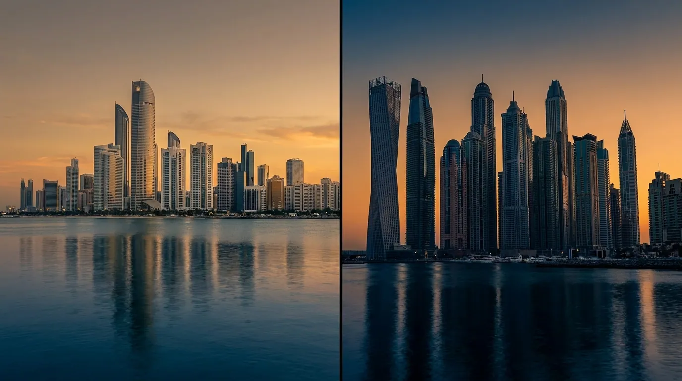 Split view of the Abu Dhabi corniche and the Dubai skyline across the same golden-hour light