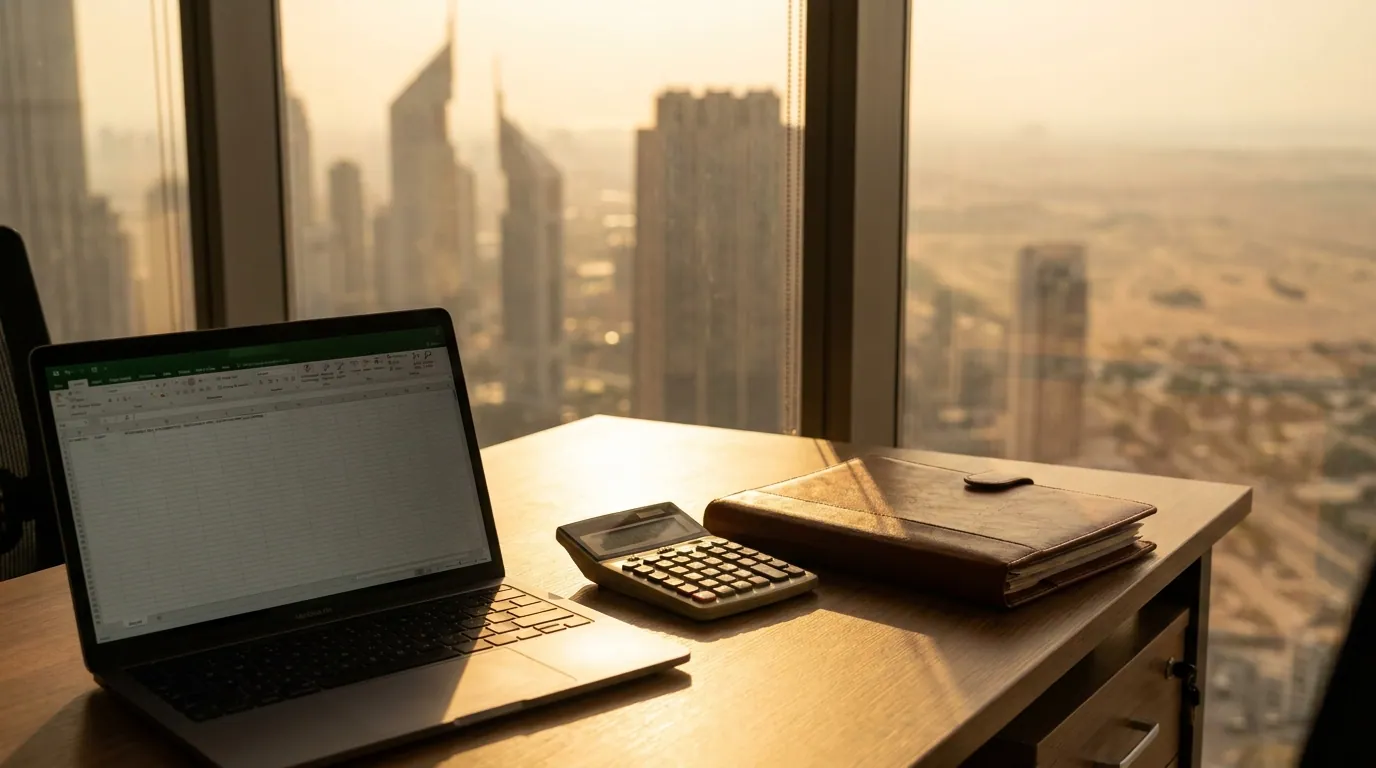 Small business owner reviewing accounts and tax documents on a laptop in a bright Dubai office
