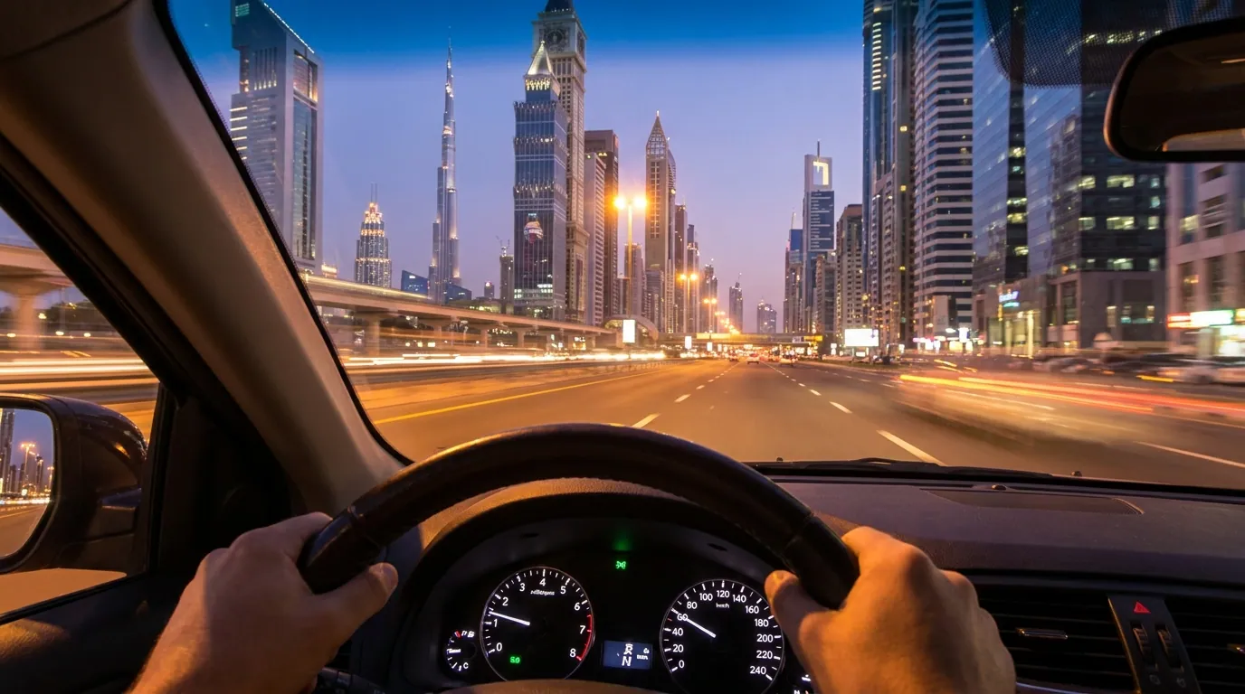 Learner driver and instructor in a driving school car on a Dubai road at sunrise