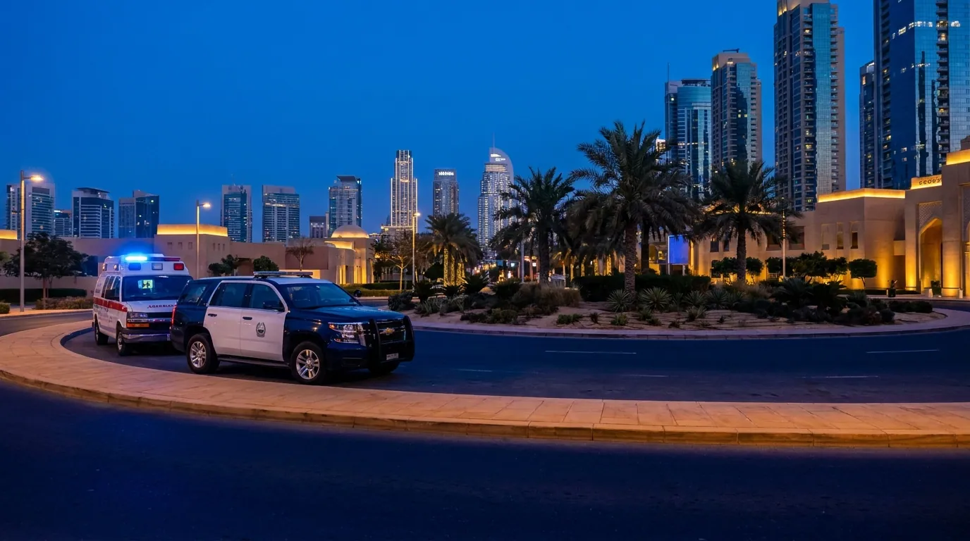 A smartphone on a table showing the emergency dial pad with a Dubai skyline softly blurred in the background