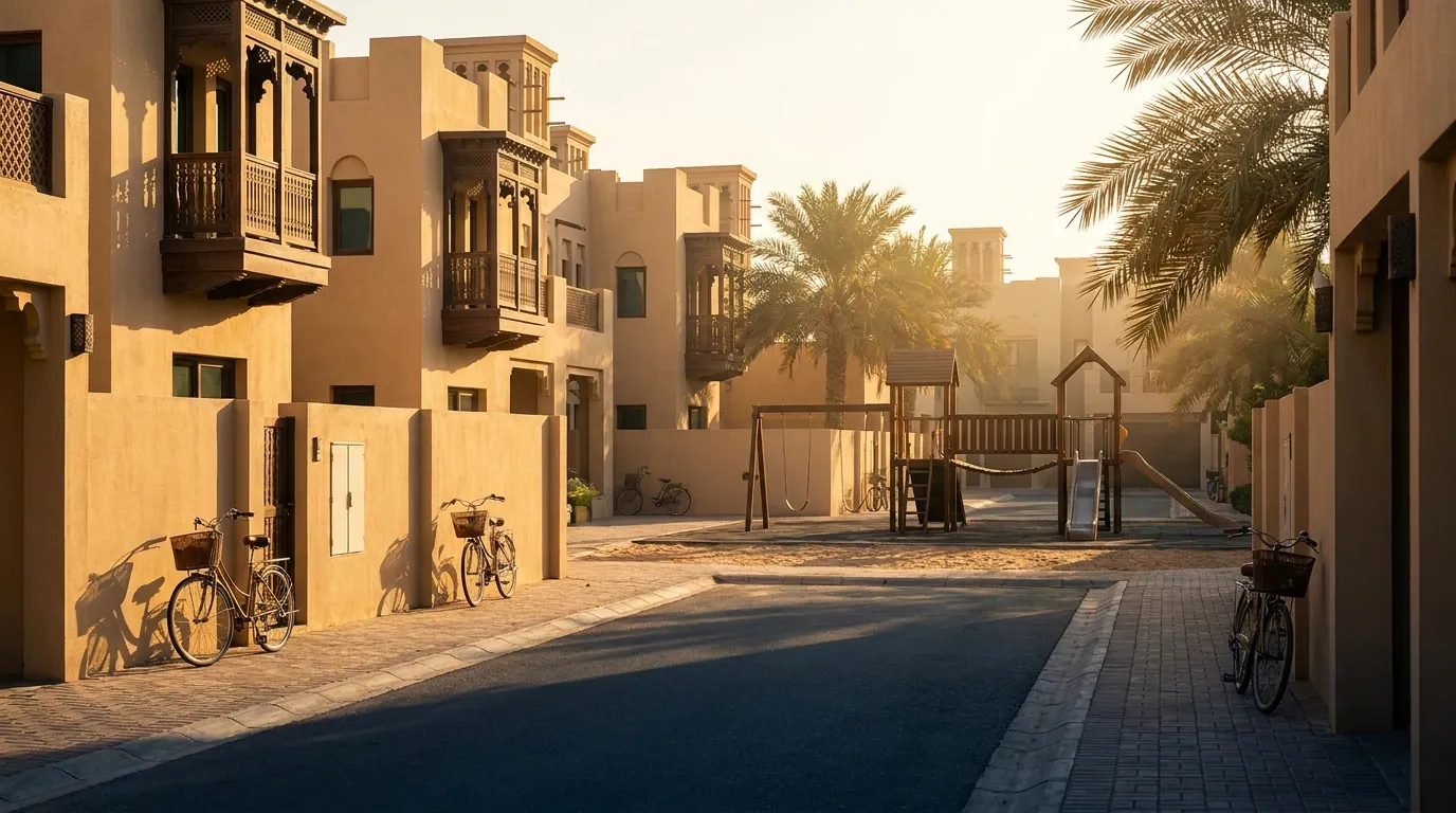 Tree-lined villa street in a Dubai family community at golden hour with children cycling