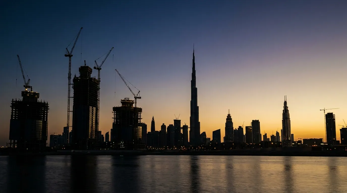 A professional signing an employment contract at a desk with a laptop and a UAE office skyline visible through the window