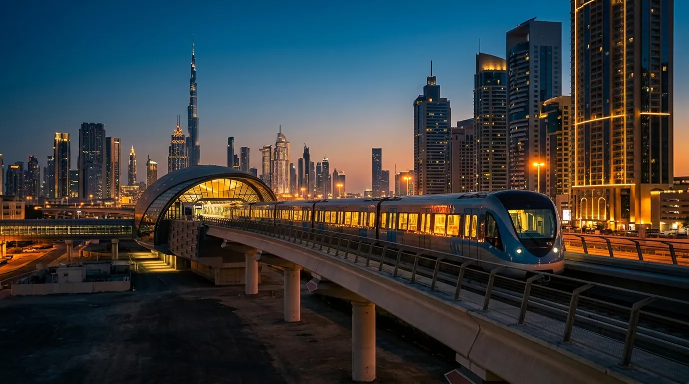 A modern driverless Dubai Metro train arriving at an elevated station with the Burj Khalifa skyline behind it