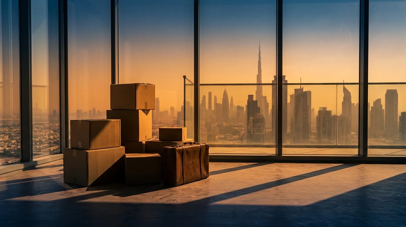 Evening view of the Dubai skyline from a residential balcony with moving boxes in the foreground