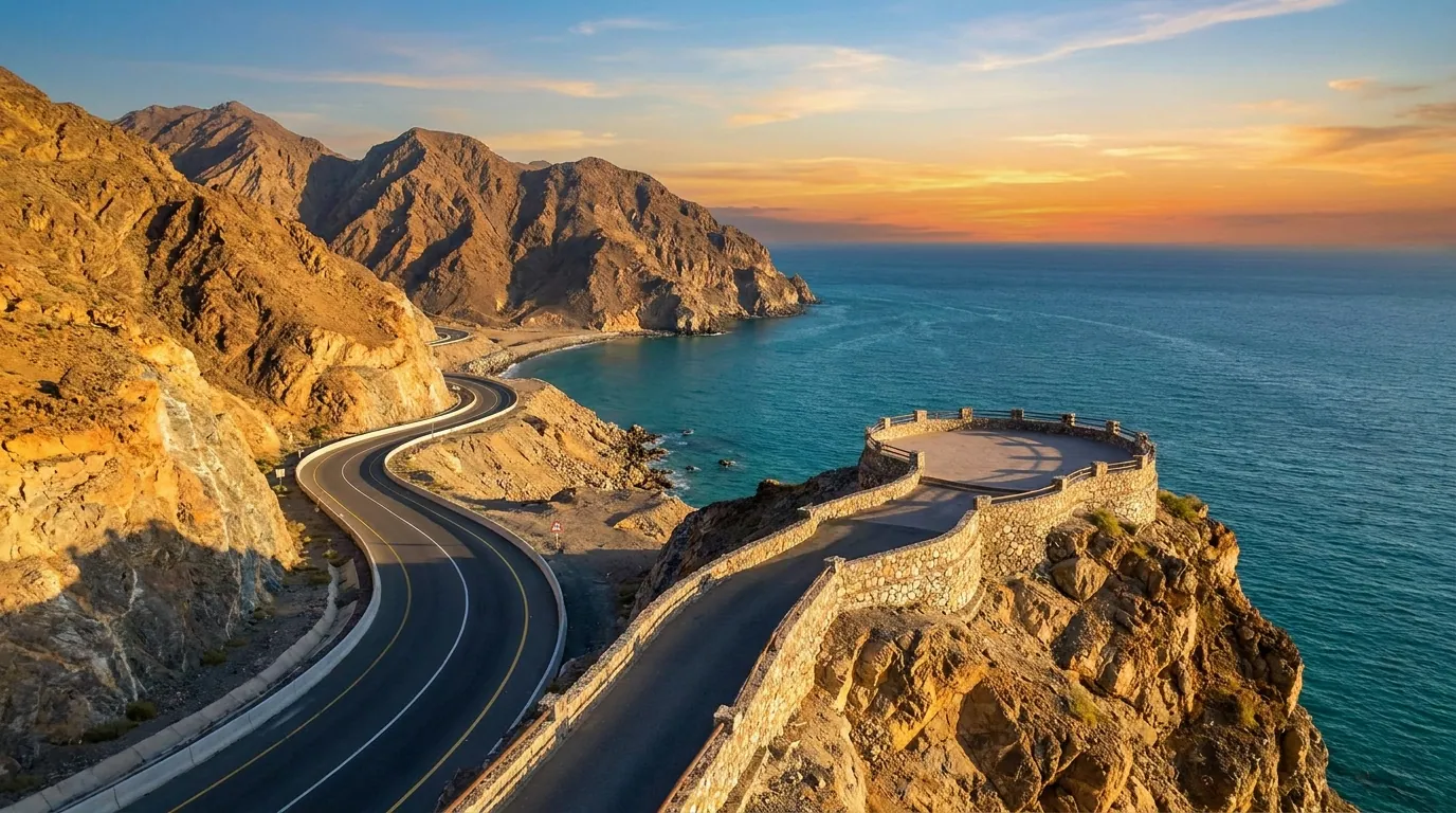 The Hajar Mountains at sunrise above the Jebel Jais road, with a ribbon of tarmac curving into the valley below