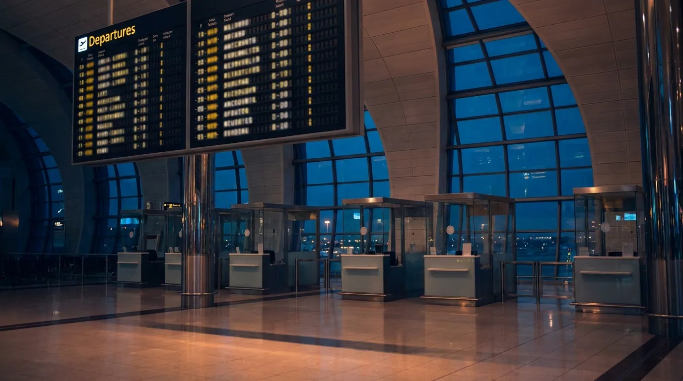 A traveller at a UAE immigration counter handing over a passport, with an airport departures hall in soft focus behind them