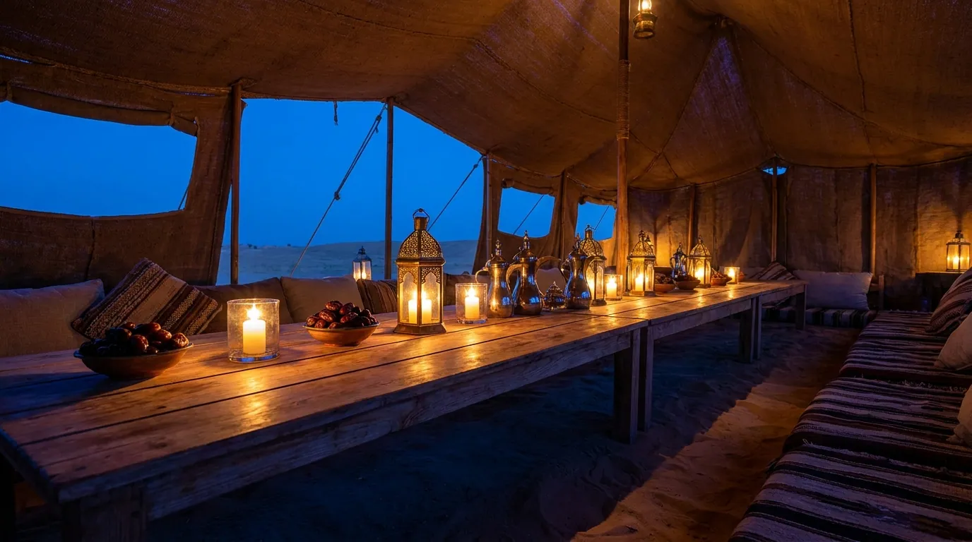 Families gathered around a long iftar table in a lantern-lit Ramadan tent at sunset