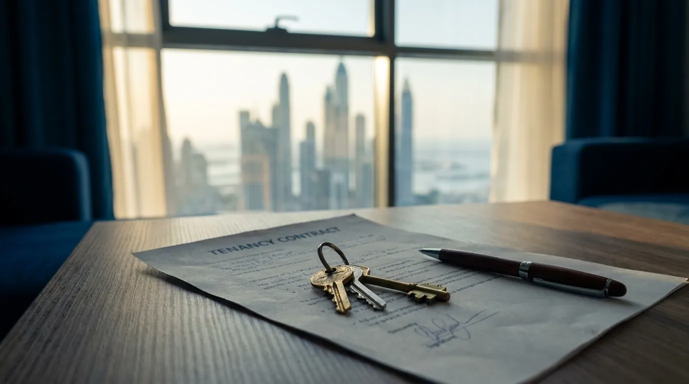 A bright Dubai apartment living room with floor-to-ceiling windows overlooking the marina skyline at golden hour