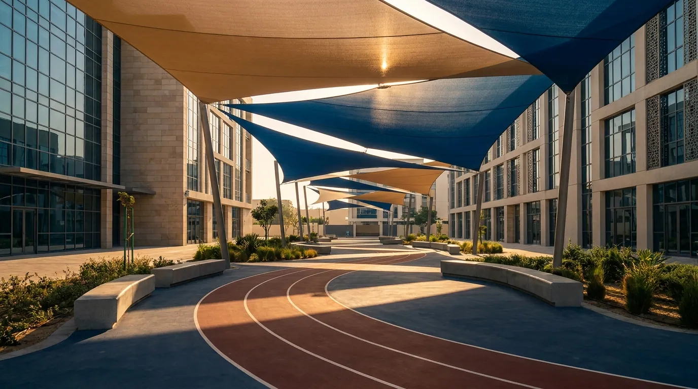 Primary school children in uniform walking into a bright modern UAE school courtyard on a sunny morning