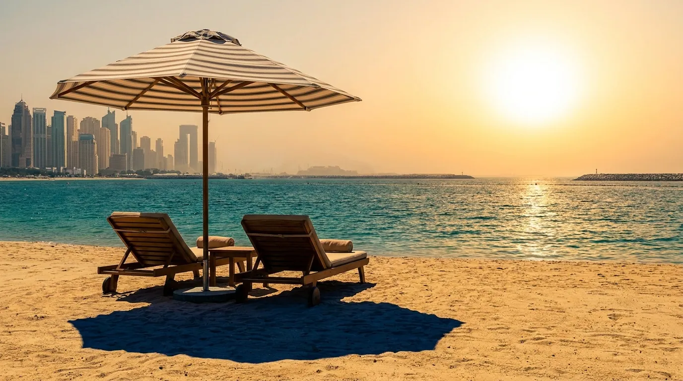 Golden-hour view of Dubai beach with calm turquoise water and a few walkers in comfortable winter weather